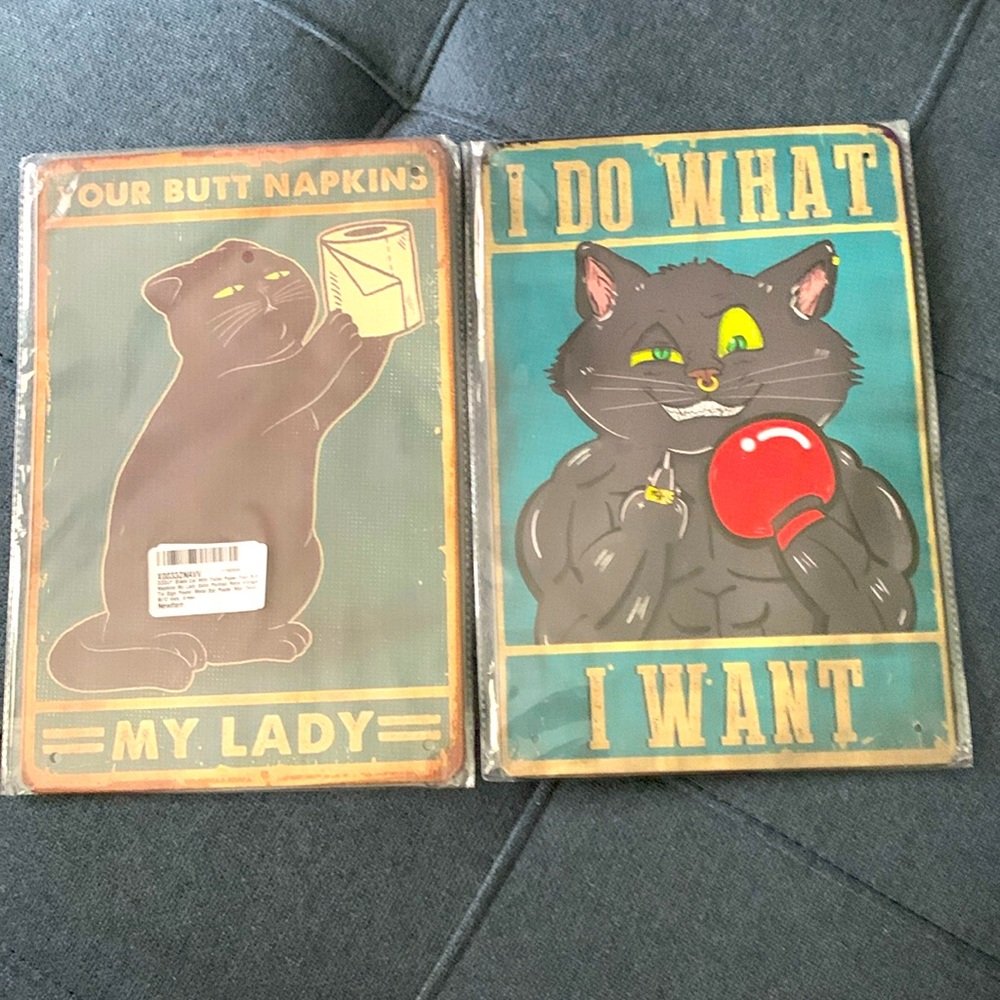 Funny, retro, tin cat signs.